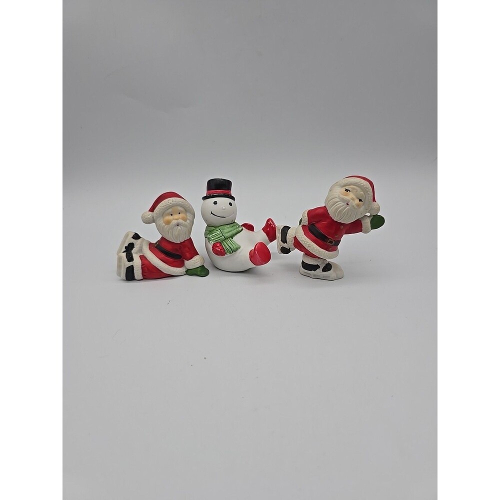 Vintage Ceramic Tumbling Santas on Skates & Snowman Flambro Taiwan